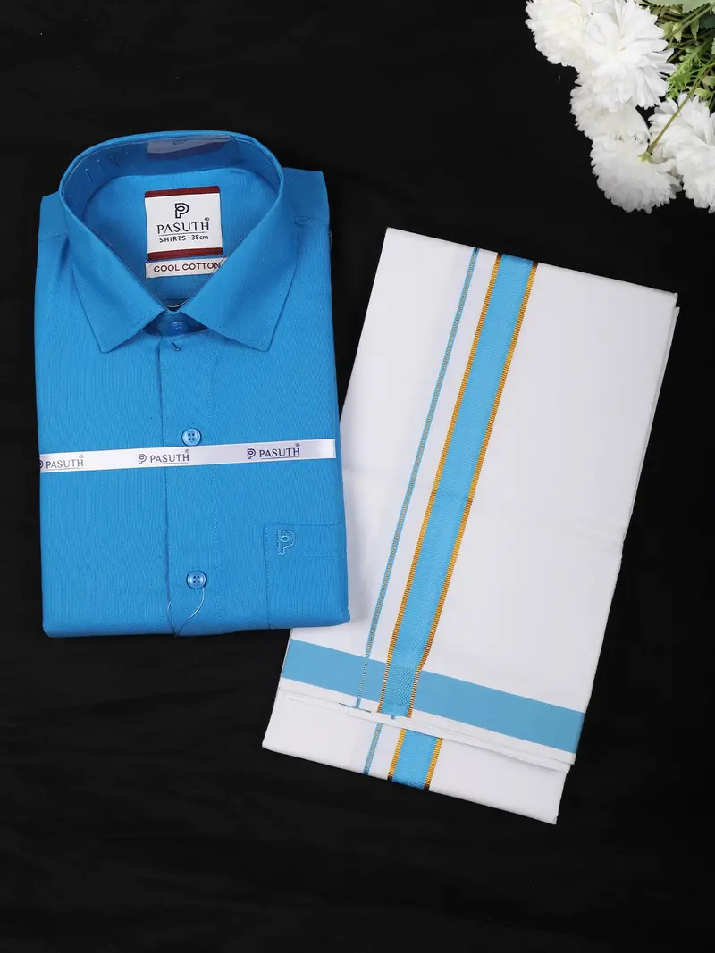 Royal Blue Solid Woven Design Shirt With Dhoti Set 1