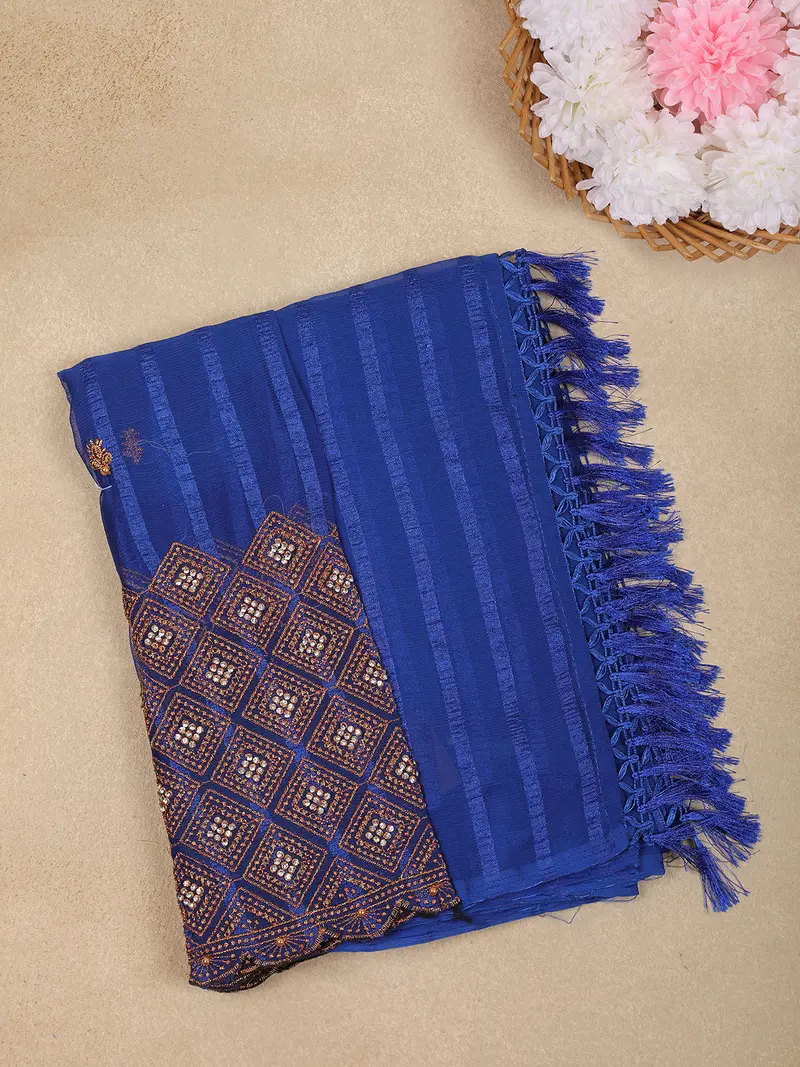 Royal Blue Striped Design Georgette Saree With Designer Blouse 1