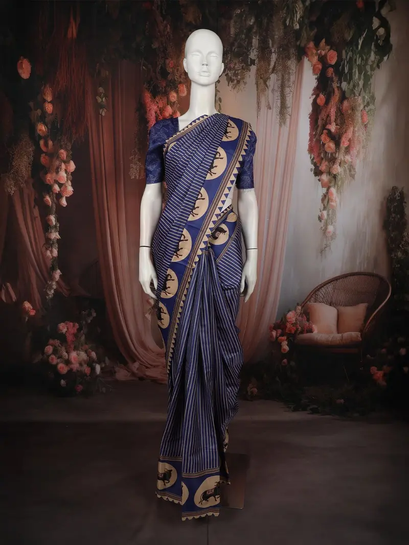 Royal Blue Striped Design Tussar Saree With Cow Motif Border 1