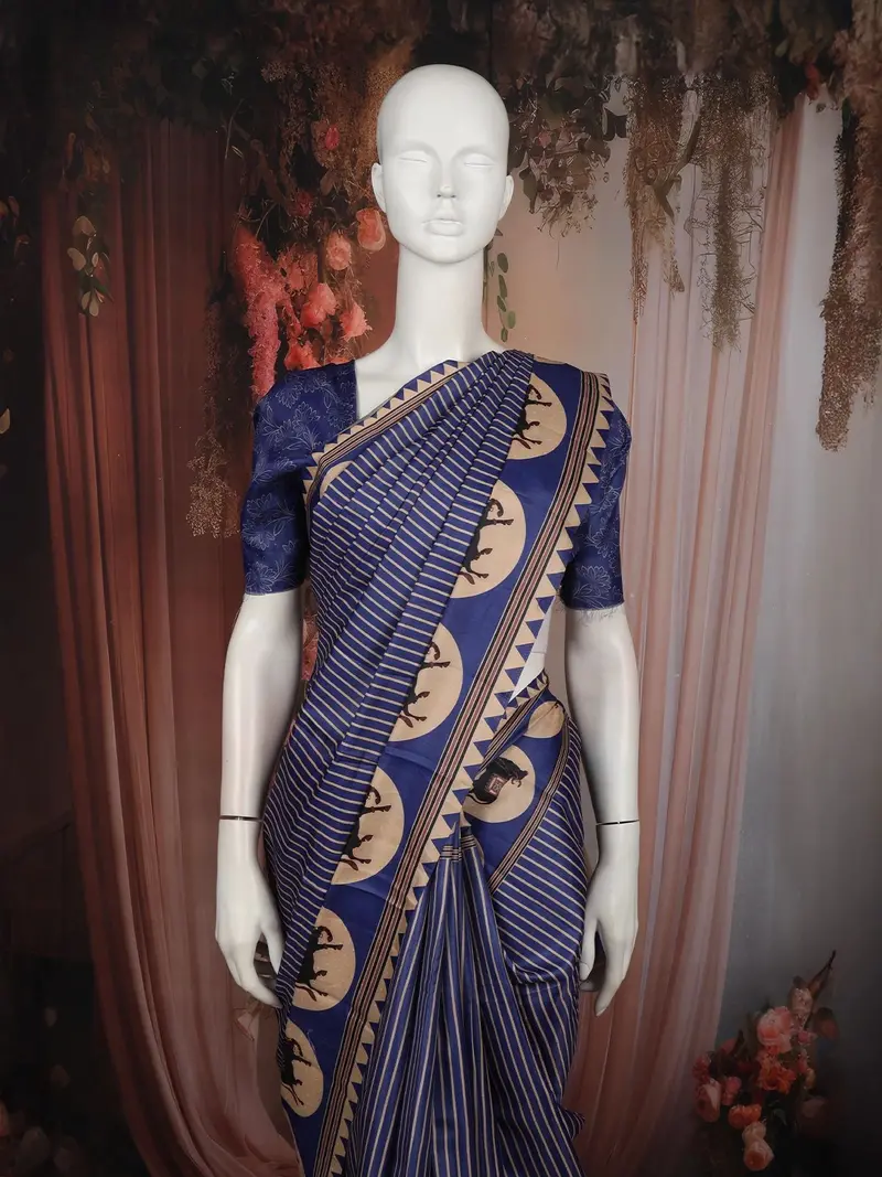 Royal Blue Striped Design Tussar Saree With Cow Motif Border 2