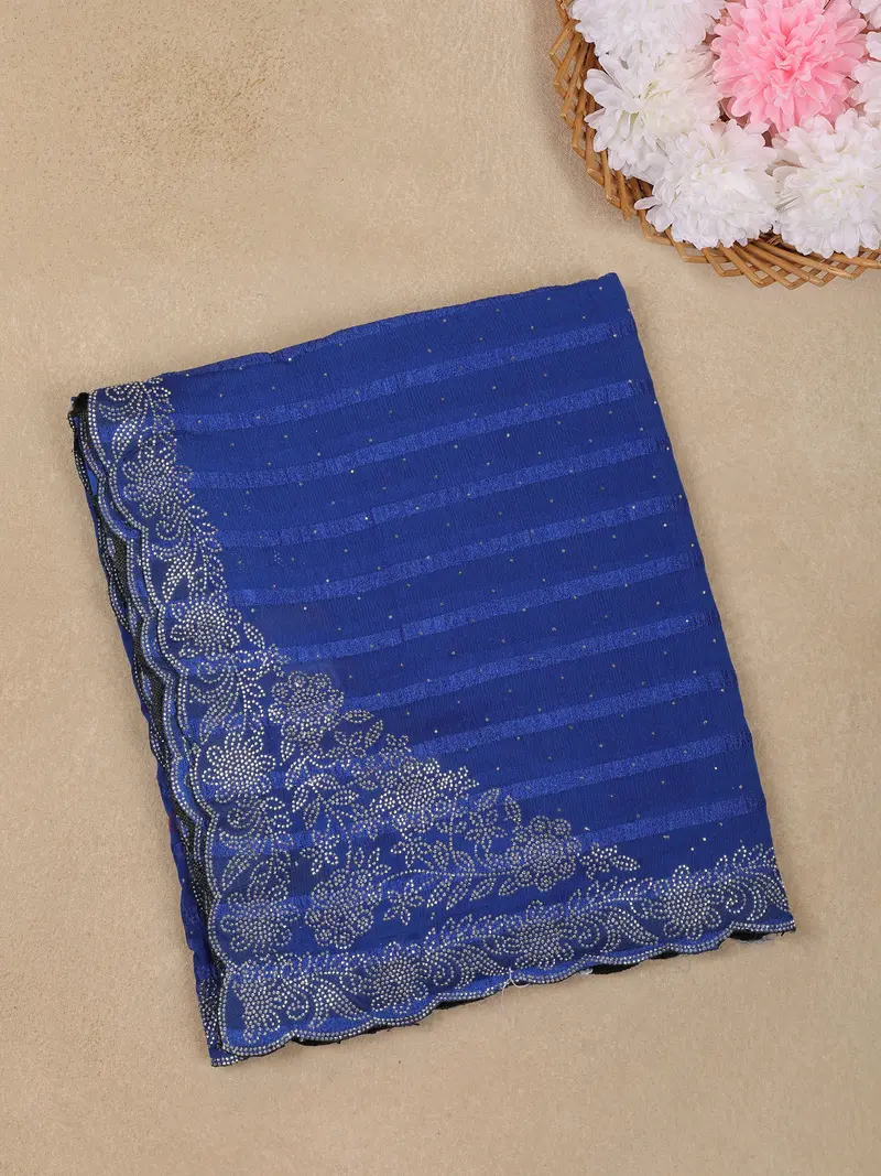 Royal Blue Striped Floral Design Georgette Saree 1