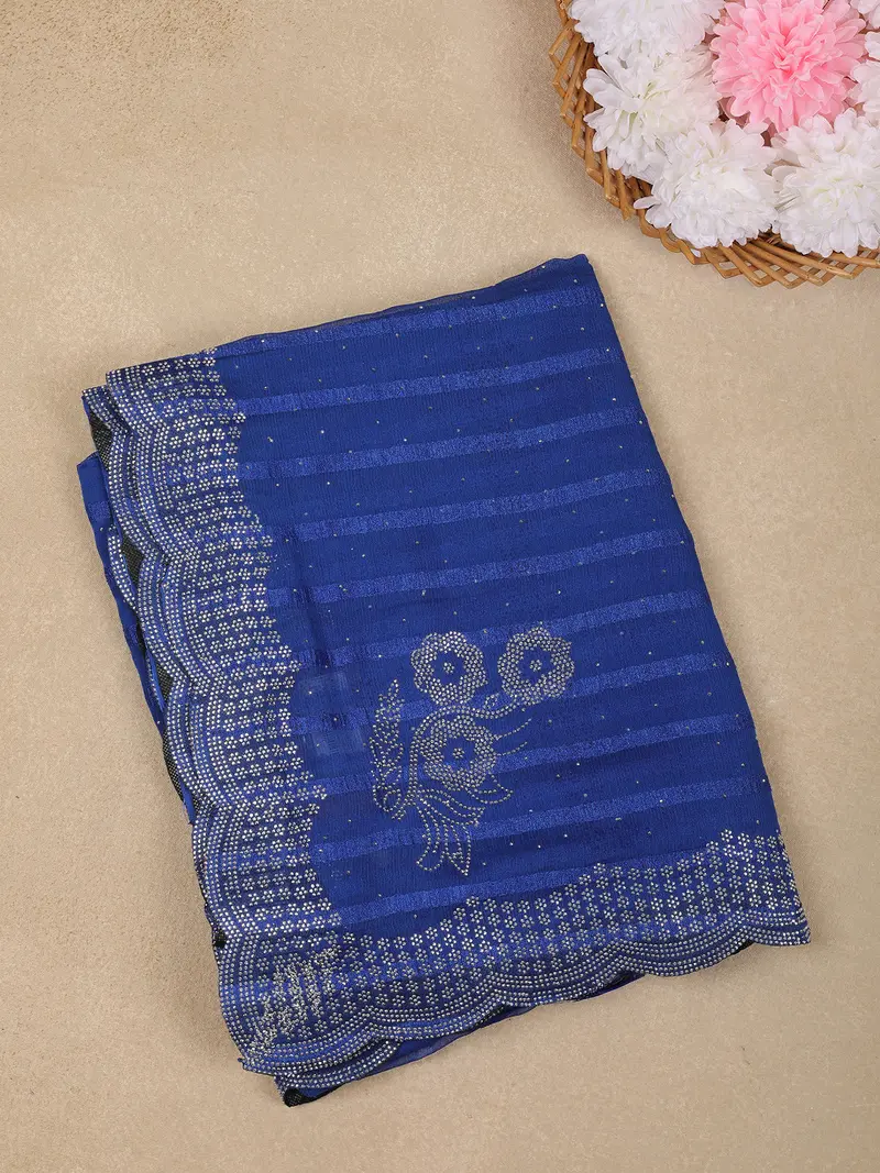 Royal Blue Striped Floral Design Georgette Saree 1