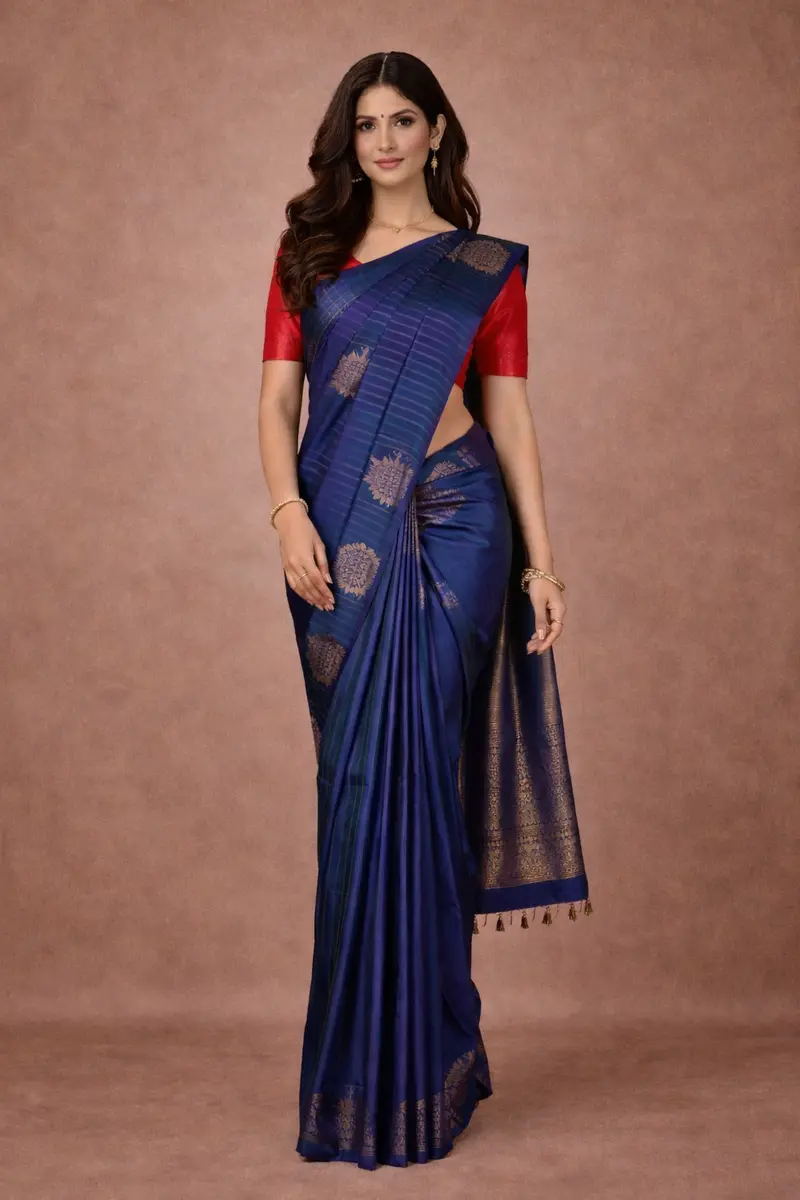 Royal Blue Striped Woven Pure Kanchipuram Silk Saree 1