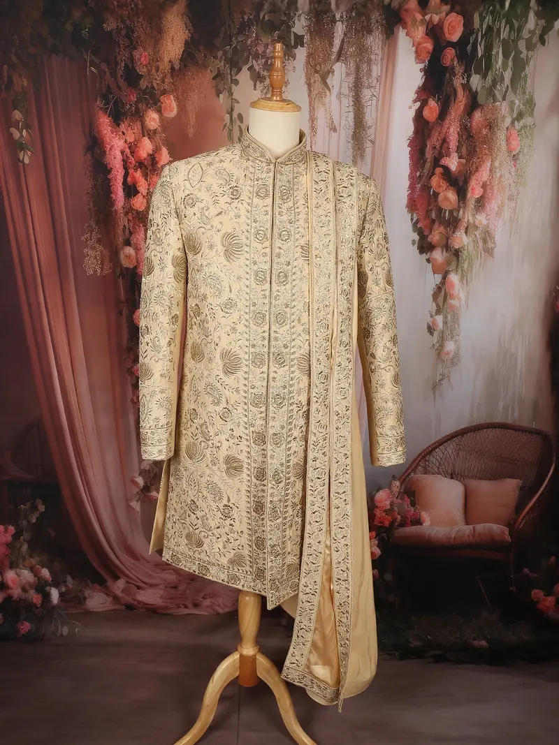 Royal Champagne Gold Floral Zari Embroidered Design Semi Silk Men's Sherwani Suit With Dupatta 1