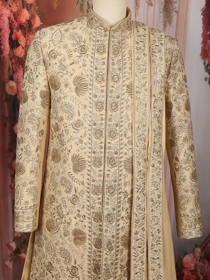 Royal Champagne Gold Floral Zari Embroidered Design Semi Silk Men's Sherwani Suit With Dupatta 2