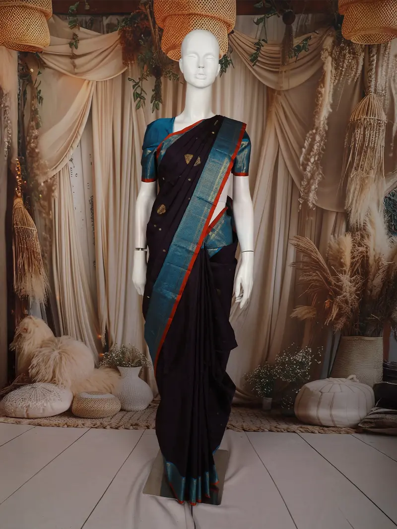 Royal Deep Purple Butta Zari Woven Design Pure Kanchipuram Silk Saree With Contrast Border 1