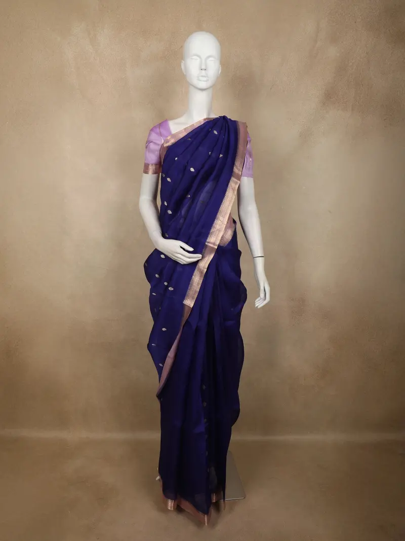 Royal Indigo Blue Butta Zari Woven Design Pure Banarasi Silk Saree With Contrast Mauve Zari  Border 1