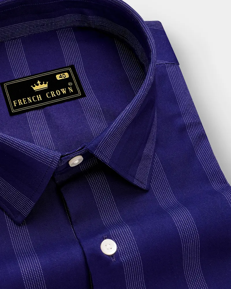 Royal-Indigo Blue Stripes Dobby Textured Premium Giza Cotton Dress Shirt 1