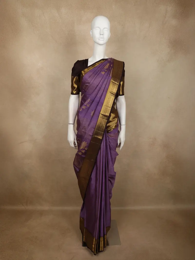 Royal Iris Purple Ornamental Zari Woven Design Pure Kanchipuram Silk Saree With Contrast Zari Border 1