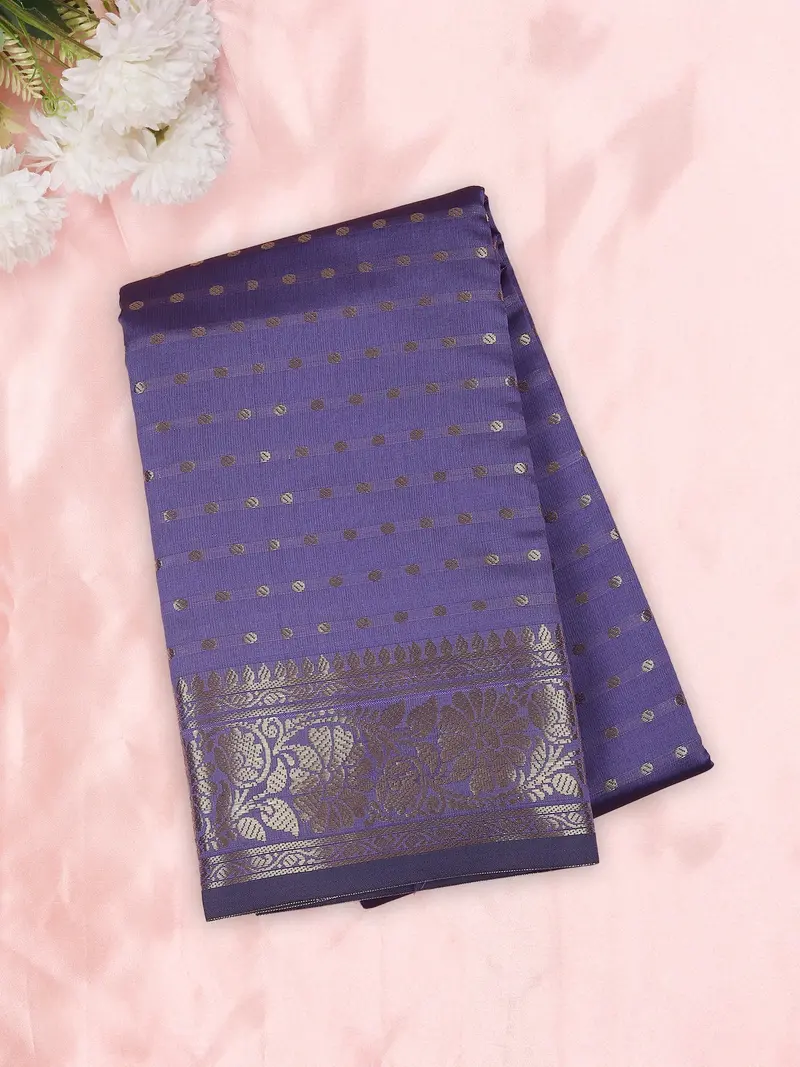 Royal Lavender Purple Butta Zari Woven Design Semi Silk Saree With Floral Border 1