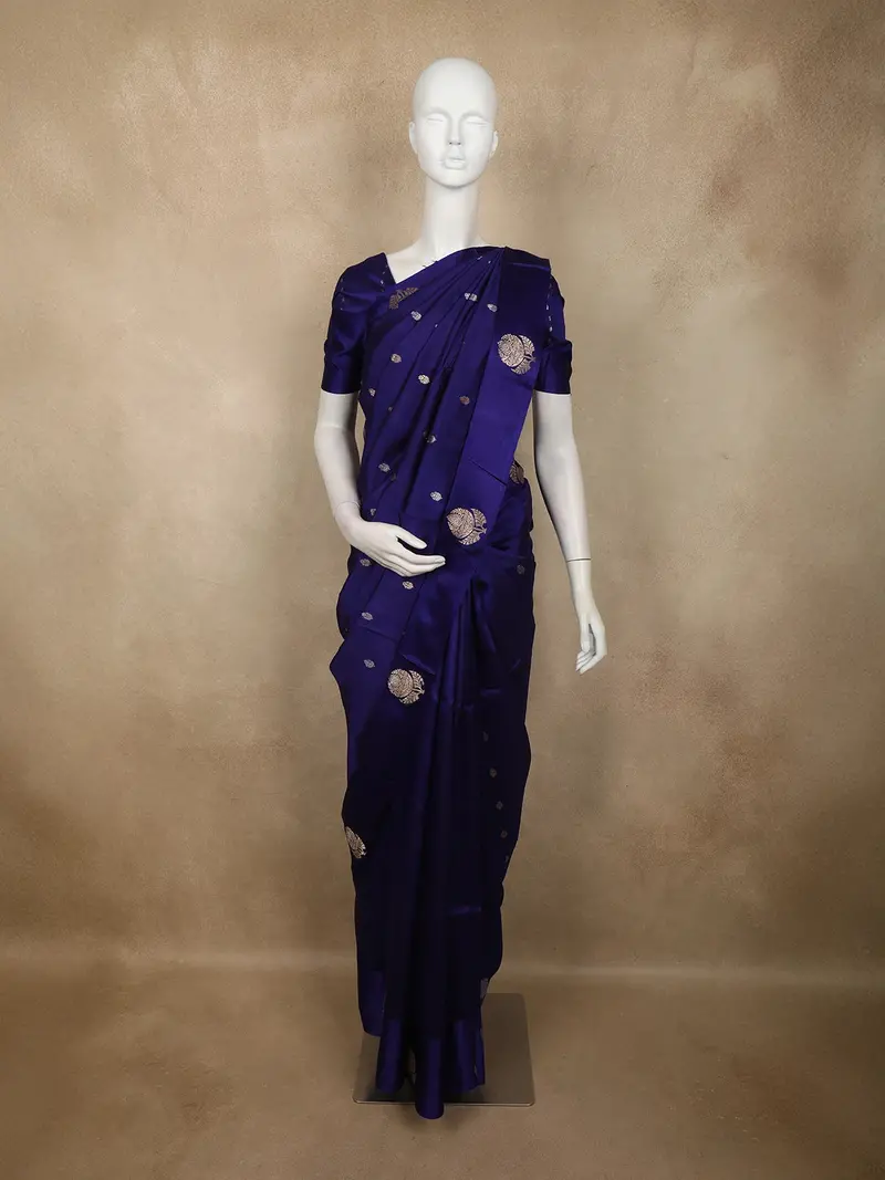 Royal Midnight Blue Butta Zari Woven Design Pure Banarasi Silk Saree With Mughal-Inspired Motif Border 1