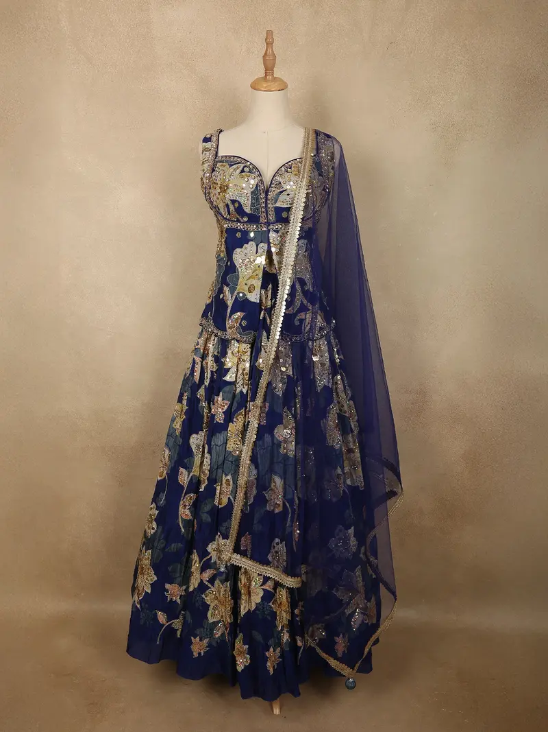 Royal Midnight Navy Blue Floral Sequins And Zari Embroidered Design Crepe Bridesmaids Lehenga With Dupatta 1