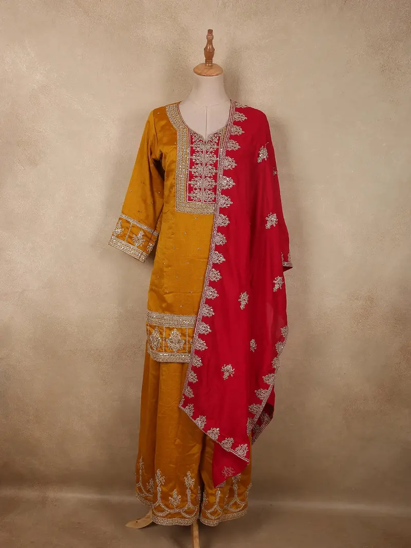 Royal Mustard Yellow Floral Embroidered Design Silk Palazzo Suit With Contrast Dupatta 1