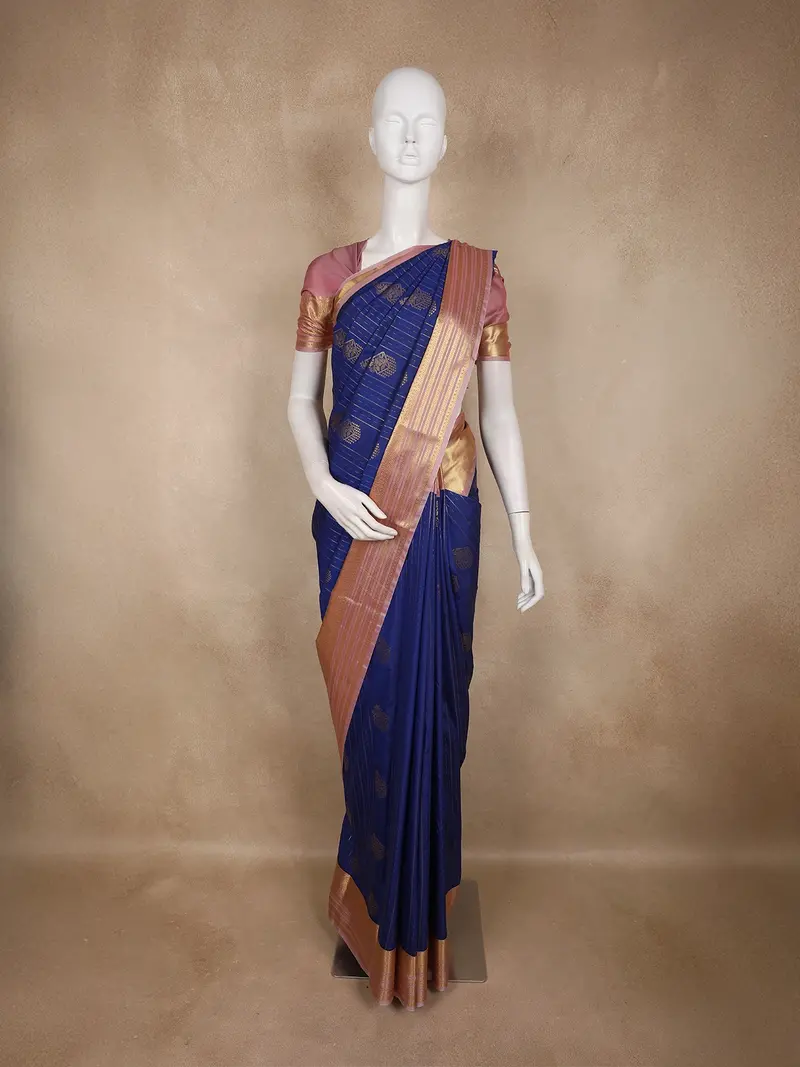 Royal Navy Blue Floral Butta Woven Design Art Silk Saree With Contrast Blouse 1