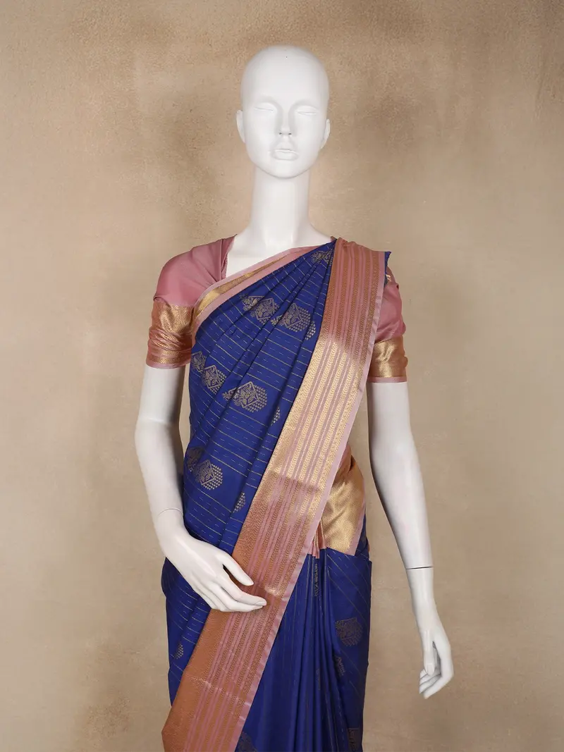 Royal Navy Blue Floral Butta Woven Design Art Silk Saree With Contrast Blouse 2
