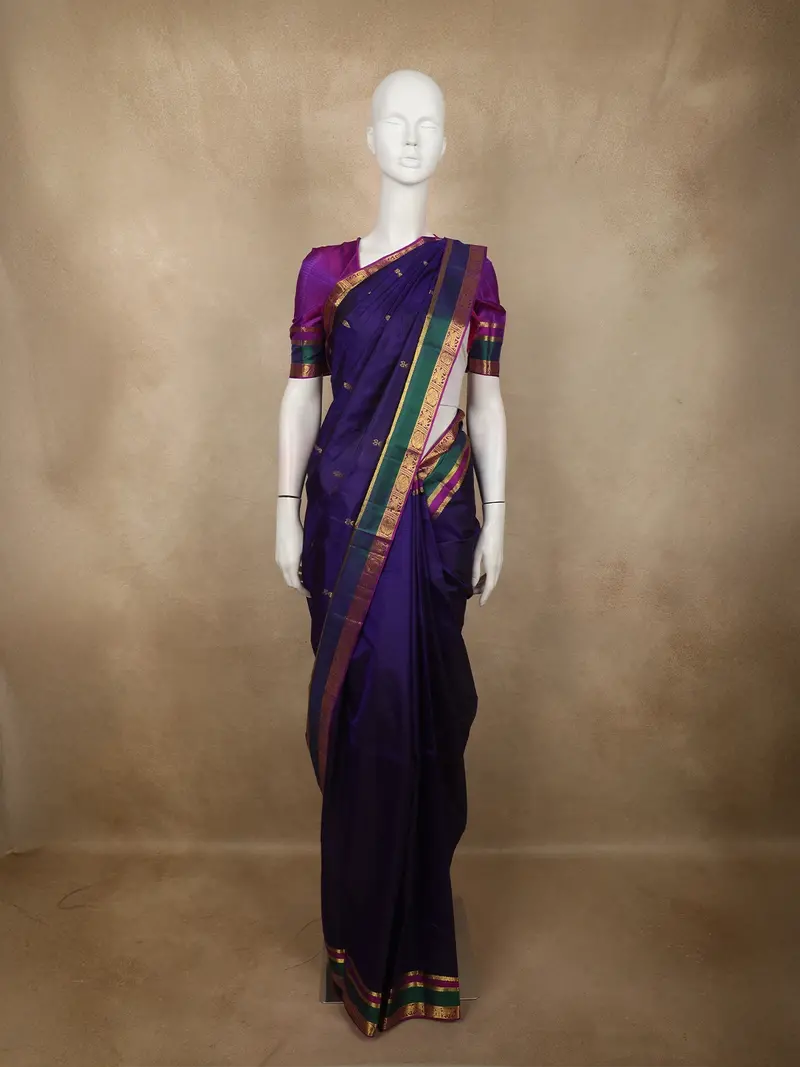 Royal Navy Blue Floral Butta Zari Woven Design Kanchipuram Silk Saree With Contrast Zari Border 1