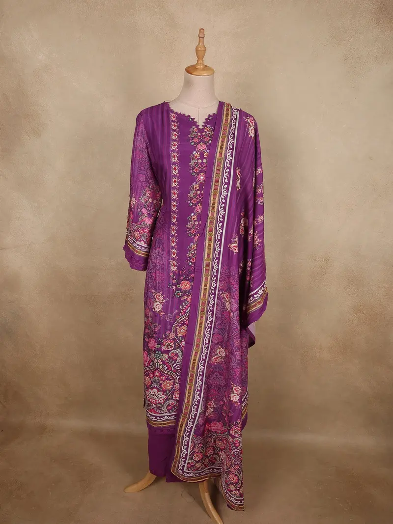Royal Orchid Purple Floral Embroidered Design Crepe Sharara Salwar Suit With Dupatta 1
