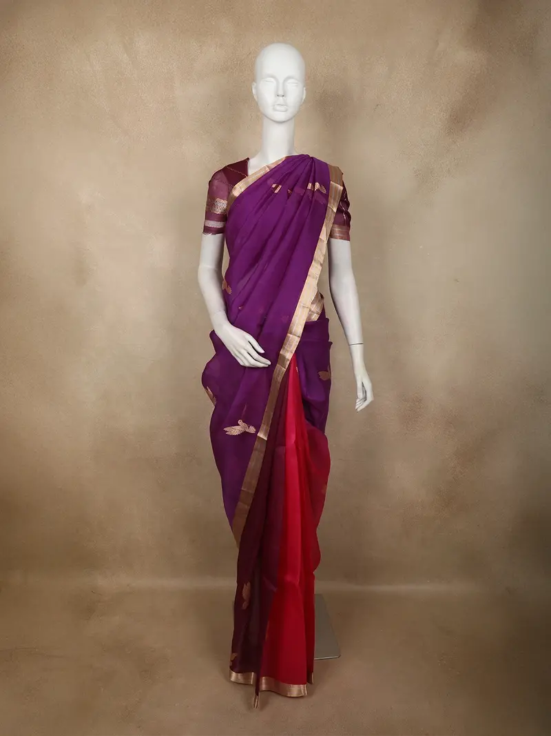 Royal Purple Birds Zari Woven Design Tissue Designer Saree With Scalloped Border With Zari Border 1