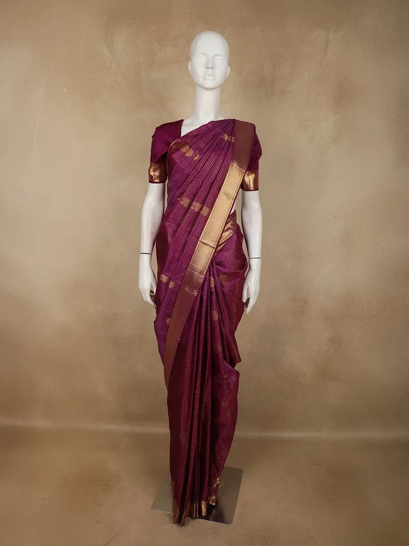 Royal Purple Checked And Peacock Woven Design Pure Kanchipuram Silk Saree With Gold Zari Border 1