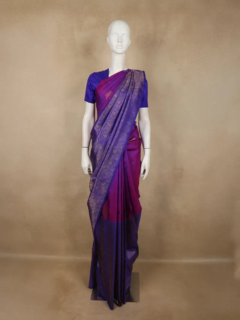 Royal Purple Floral Butta Zari Woven Design Pure Kanchipuram Silk Saree With Floral Border 1