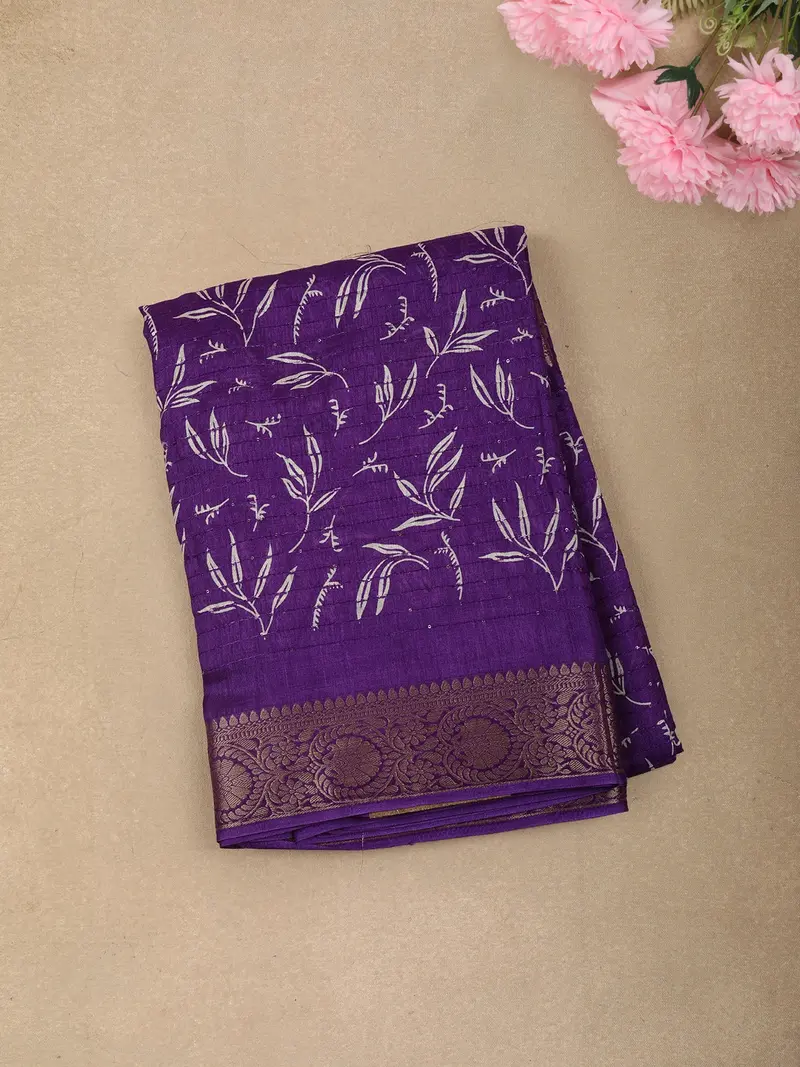 Royal Purple Floral Printed And Sequins Embroidered Design Linen Cotton Saree With Zari Border 1