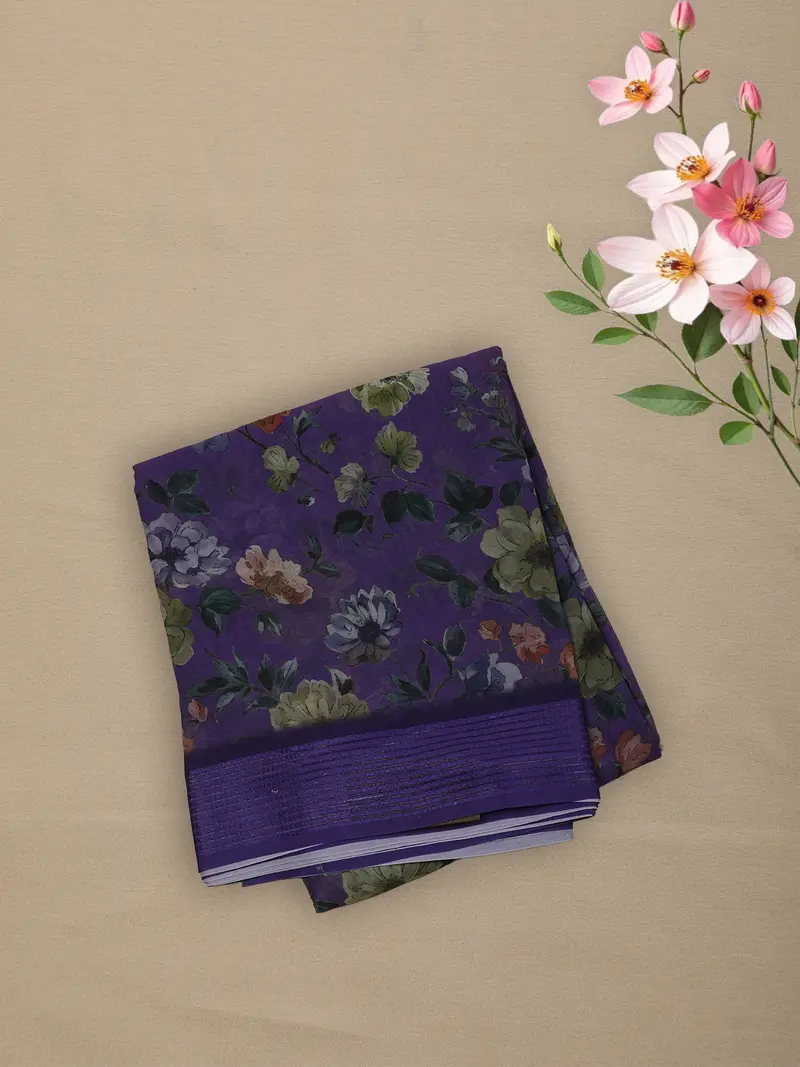 Royal Purple Floral Printed Chiffon Saree With Self Woven Border 1