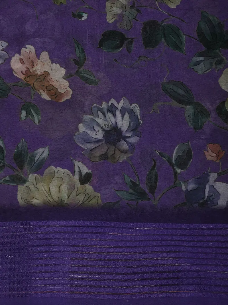 Royal Purple Floral Printed Chiffon Saree With Self Woven Border 2
