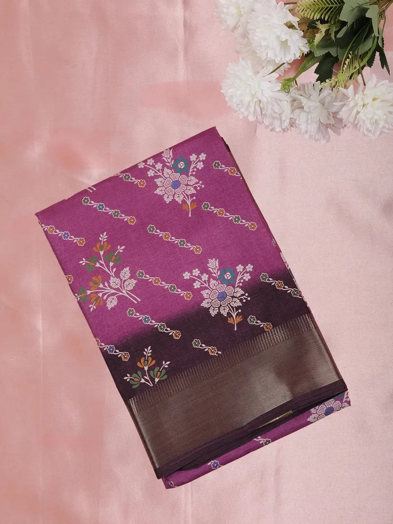 Royal Purple Floral Printed Design Mixed Cotton Fancy Saree With Zari Border 1