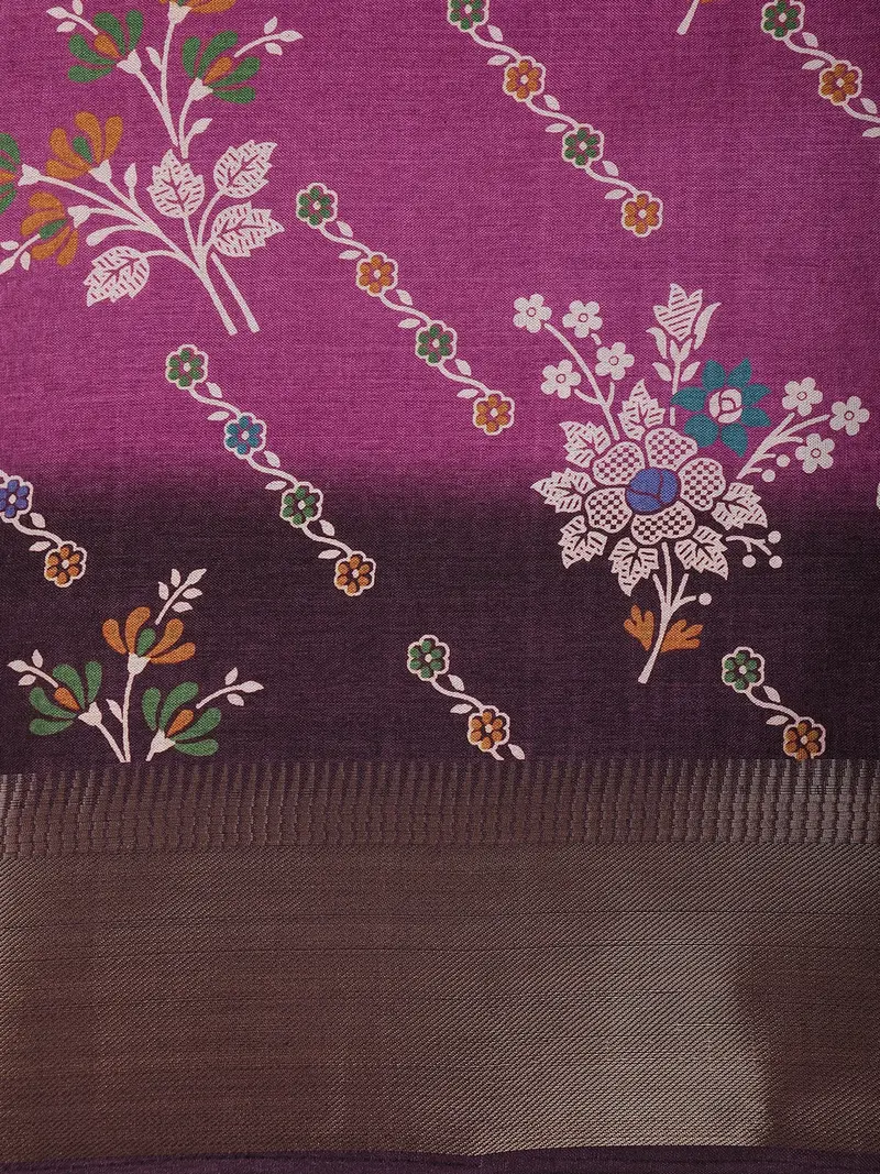Royal Purple Floral Printed Design Mixed Cotton Fancy Saree With Zari Border 2