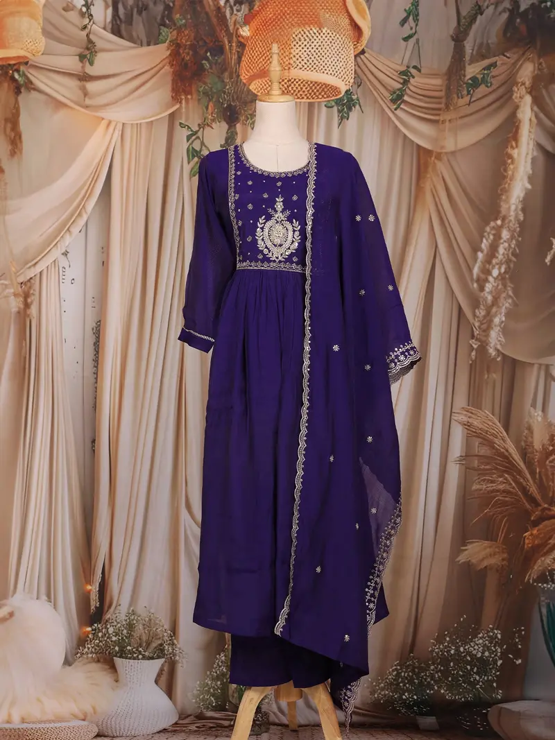 Royal Purple Floral Sequin Embroidered Cotton Anarkali Salwar Suit 1