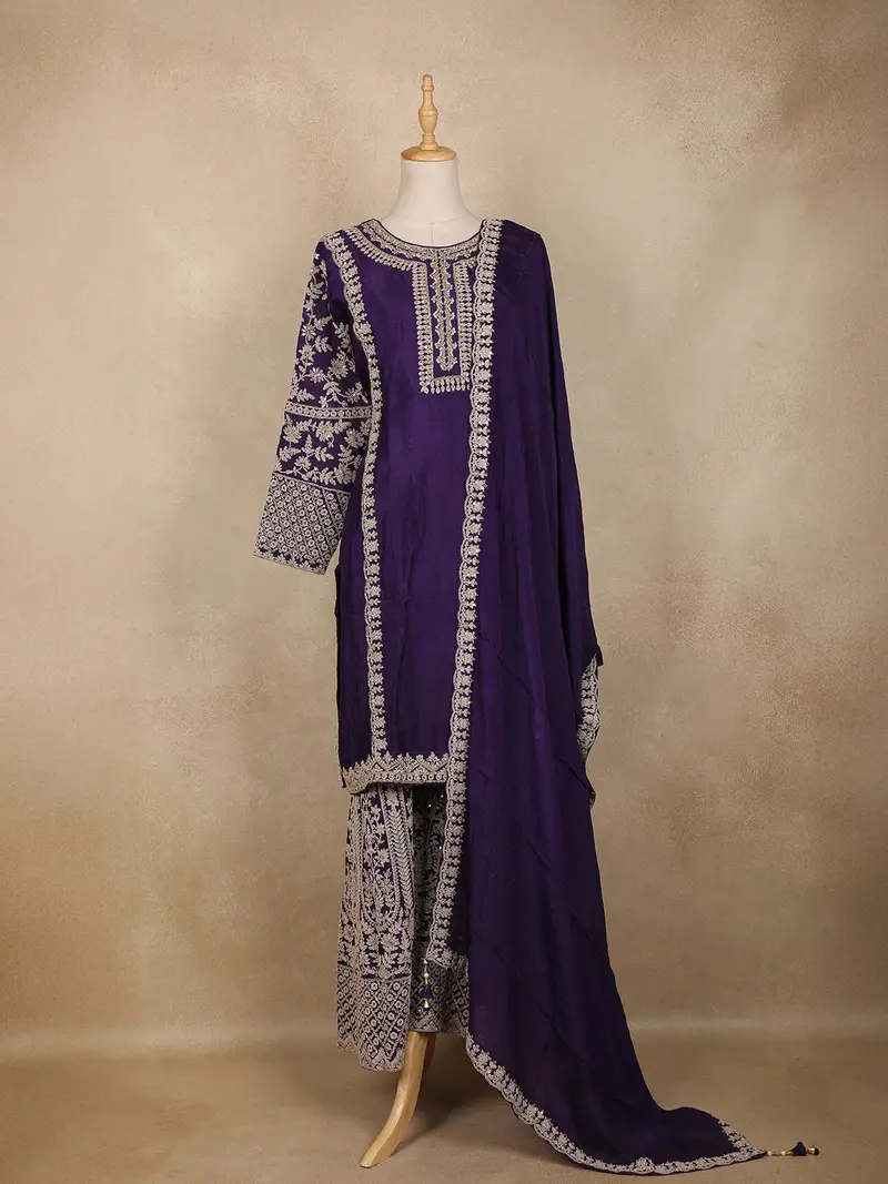 Royal Purple Floral Sequins And Thread Embroidered Crepe Palazzo Suit With Dupatta 1