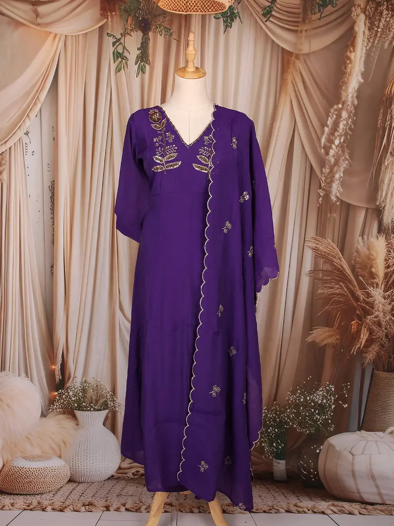 Royal Purple Floral Sequins Embroidered Cotton Salwar With Dupatta 1