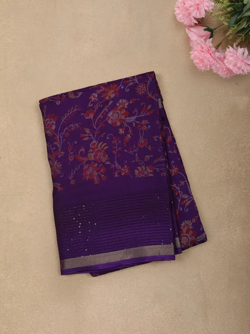 Royal Purple Floral Vine Printed Design Crepe Saree With Sequins Border 1
