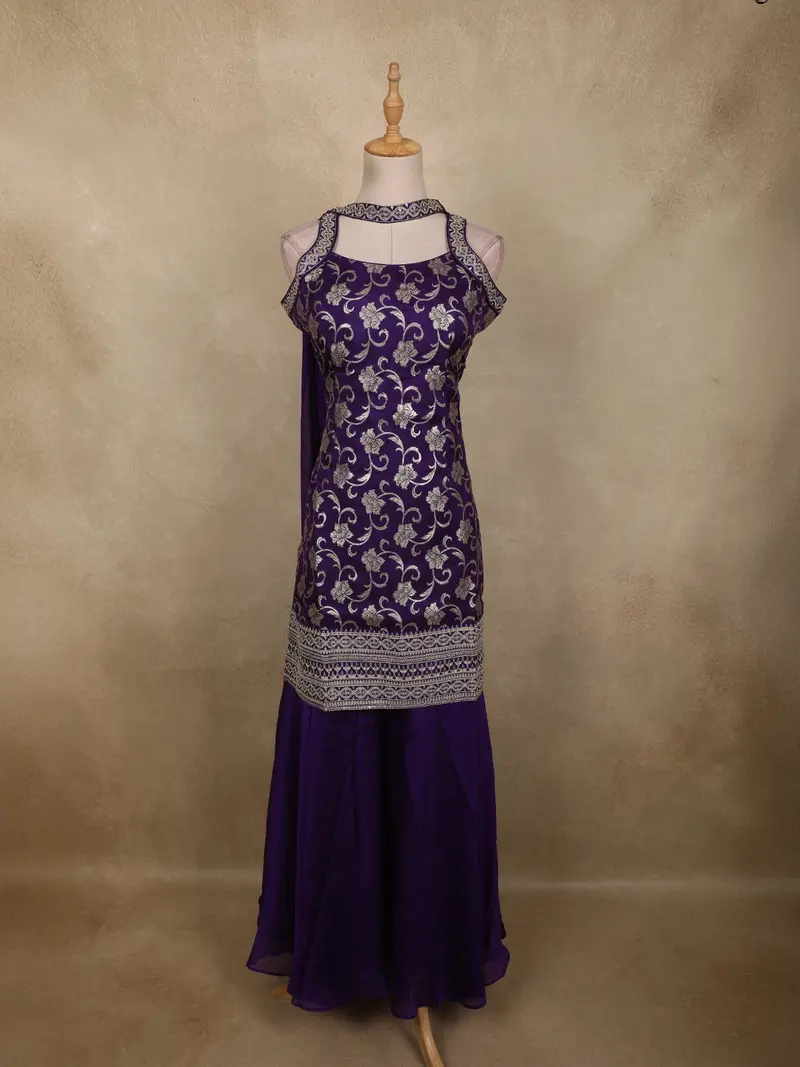 Royal Purple Floral Zari Woven Design Banarasi Silk Palazzo Suit With Choker Dupatta 1