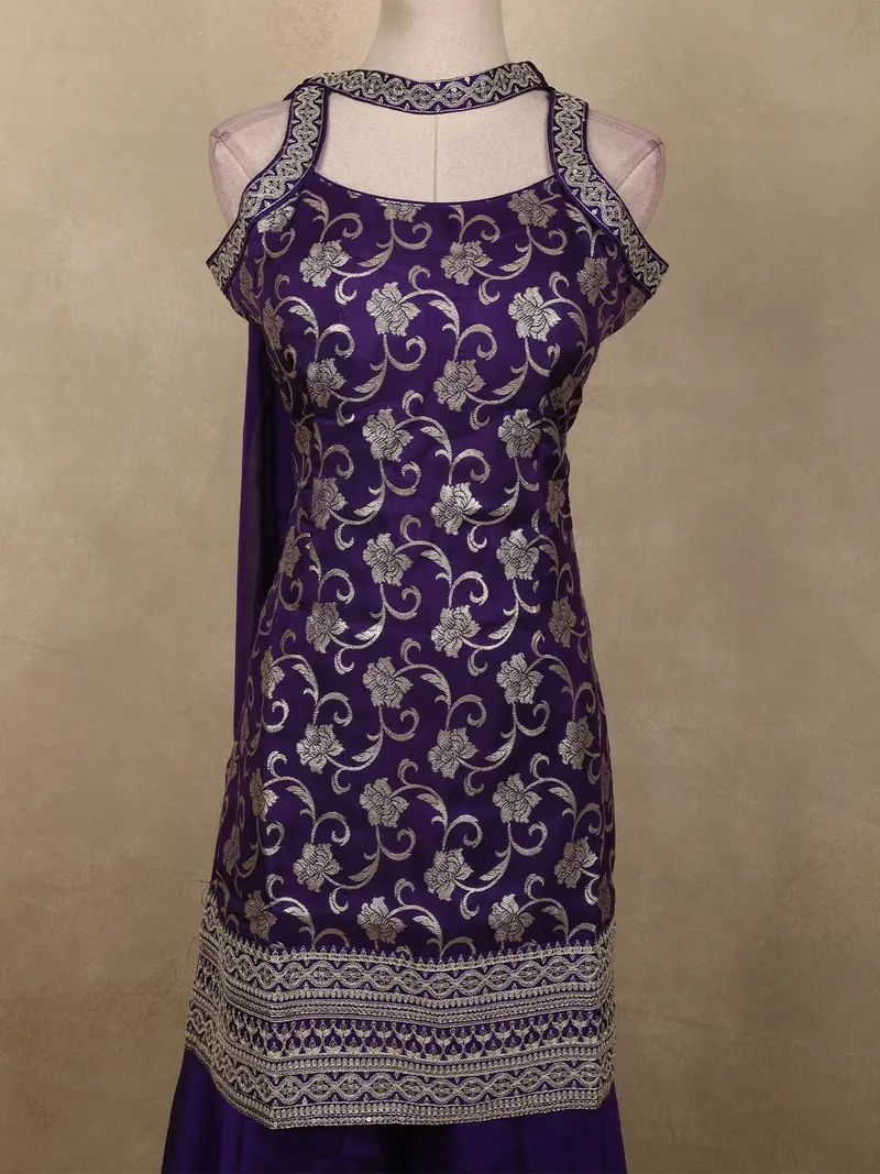 Royal Purple Floral Zari Woven Design Banarasi Silk Palazzo Suit With Choker Dupatta 2