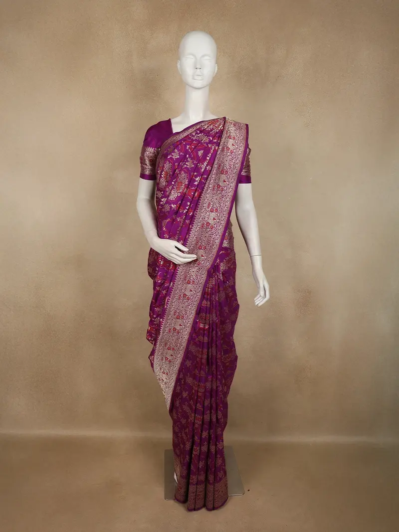 Royal Purple Floral Zari Woven Design Pure Banarasi Silk Saree With Floral Border 1
