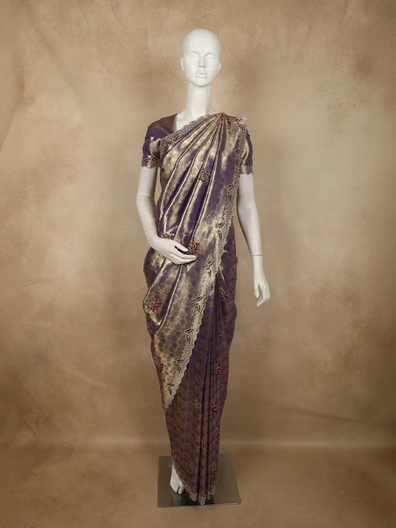 Royal Purple Leaf Zari Woven Design Tissue Silk Designer Saree With Designer Border 1
