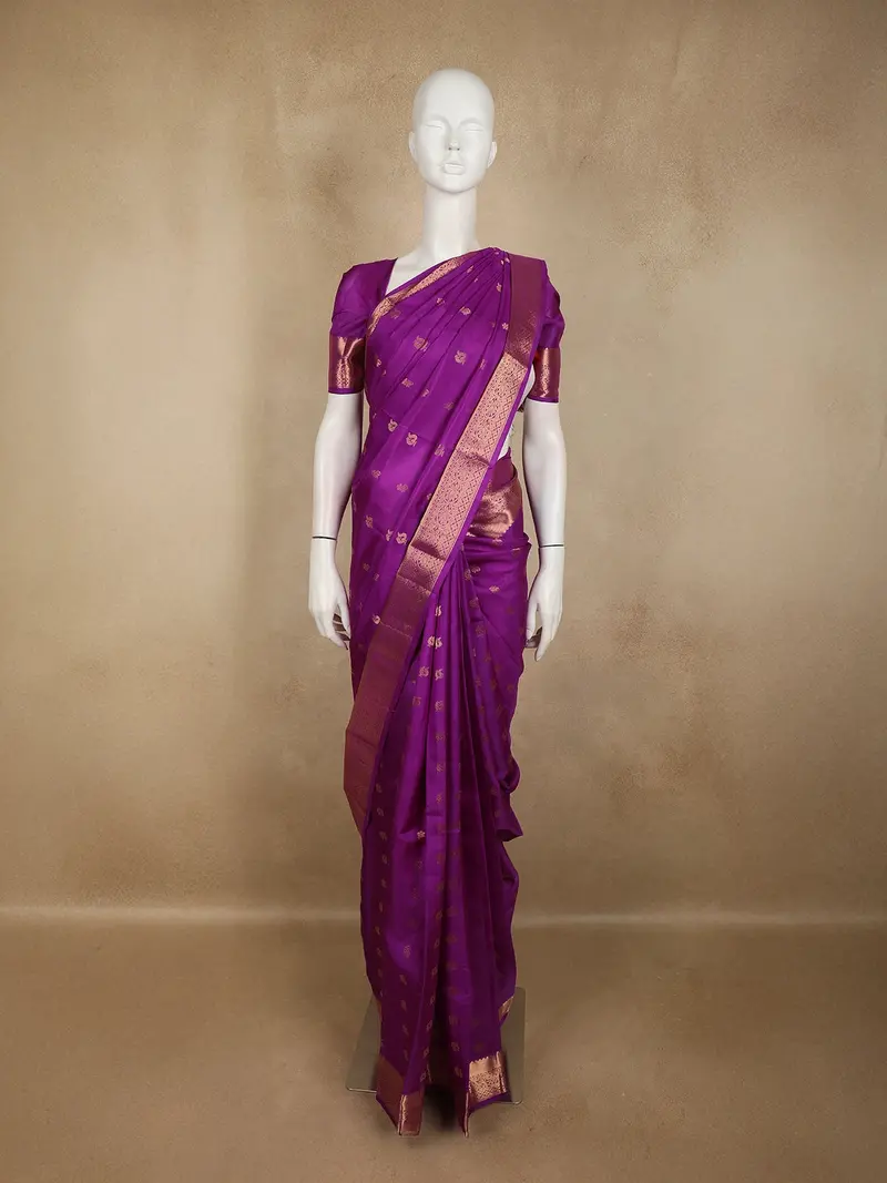 Royal Purple Peacock Butta Woven Design Pure Kanchipuram Silk Saree With Zari Border 1