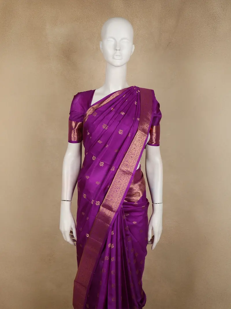 Royal Purple Peacock Butta Woven Design Pure Kanchipuram Silk Saree With Zari Border 2