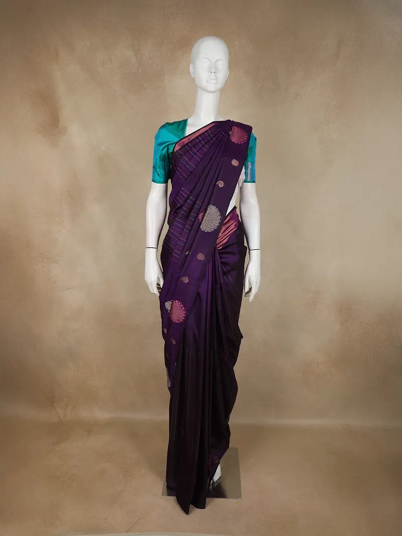 Royal Purple Peacock Striped Woven Design Pure Kanchipuram Silk Saree With Contrast Blouse 1