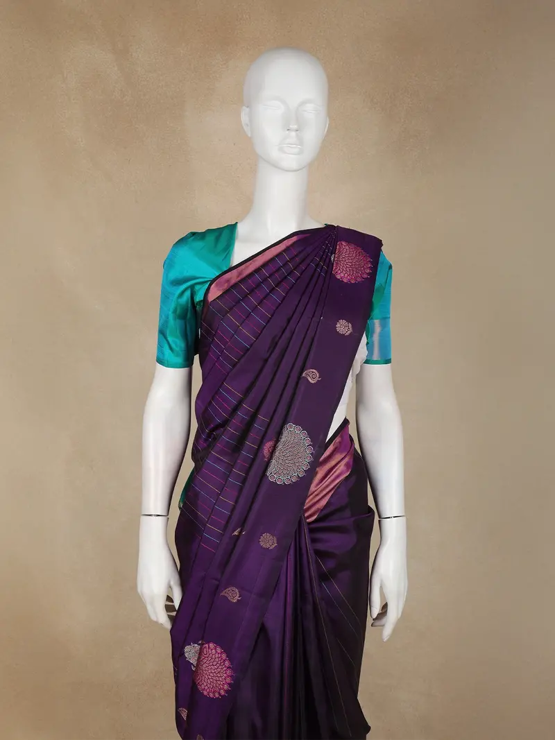Royal Purple Peacock Striped Woven Design Pure Kanchipuram Silk Saree With Contrast Blouse 2
