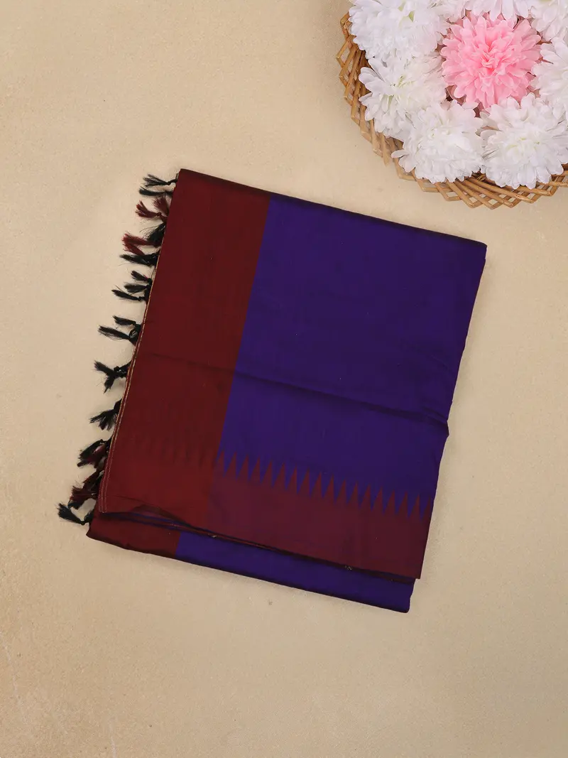 Royal Purple Solid Design Kalyani Cotton Saree With Contrast Temple Border 1