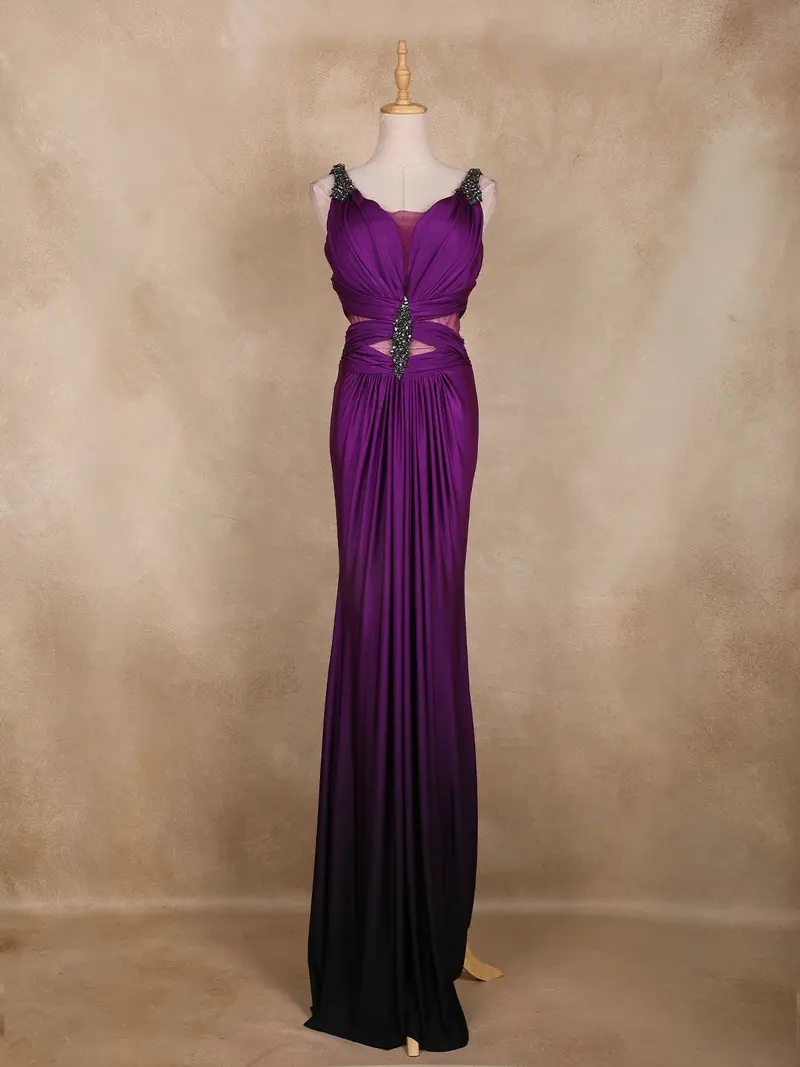 Royal Purple Stone Embellished Cut-Out Draped Satin Gown 1