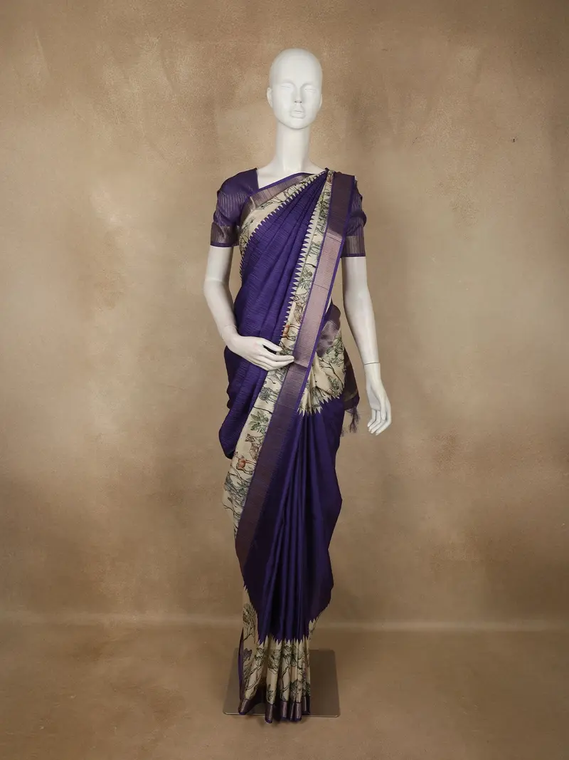Royal Purple Striped Woven Design Tussar Saree With Contrast Animal Motif Border 1