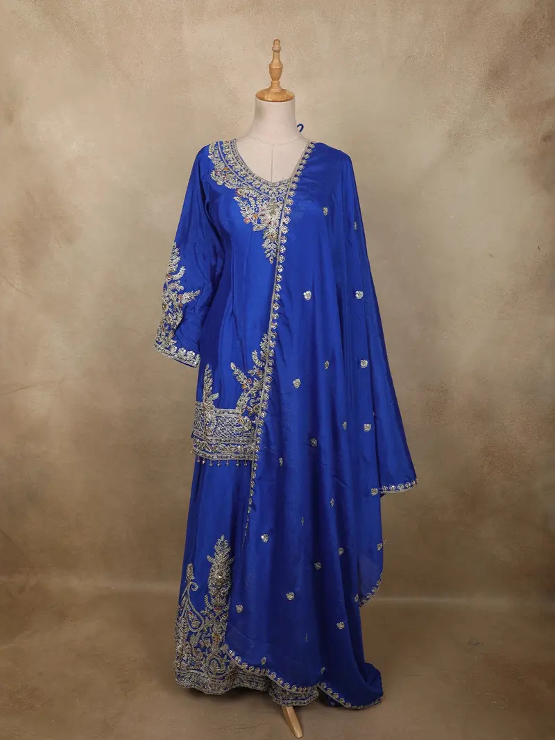 Royal Sapphire Blue Floral Sequins And Zari Embroidered Design Silk Palazzo Suit With Dupatta 1