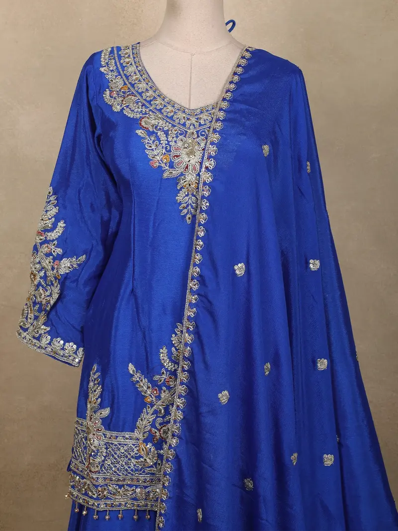 Royal Sapphire Blue Floral Sequins And Zari Embroidered Design Silk Palazzo Suit With Dupatta 2