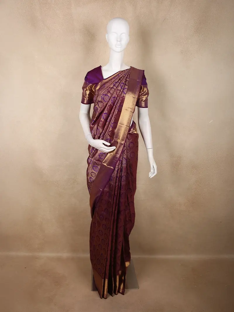 Royal Violet Purple And Deep Magenta Checked Zari Woven Design Pure Kanchipuram Silk Saree With Zari Border 1
