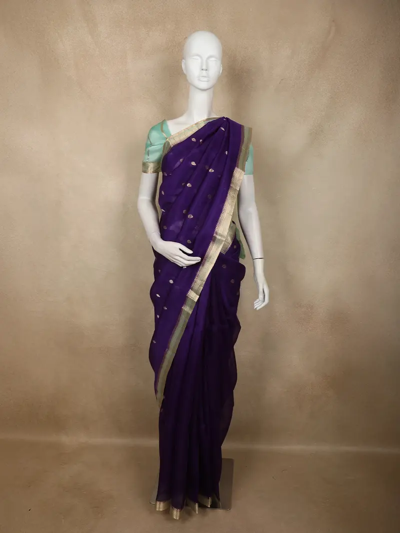 Royal Violet Purple Butta Zari Woven Design Pure Banarasi Silk Saree With Contrast Zari  Border 1
