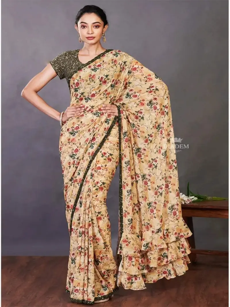 Royal Yellow Georgette Saree With Floral Prints On The Body And Sequins Design Border 1