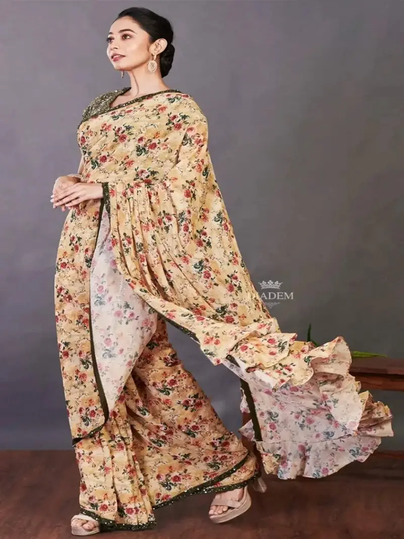 Royal Yellow Georgette Saree With Floral Prints On The Body And Sequins Design Border 2
